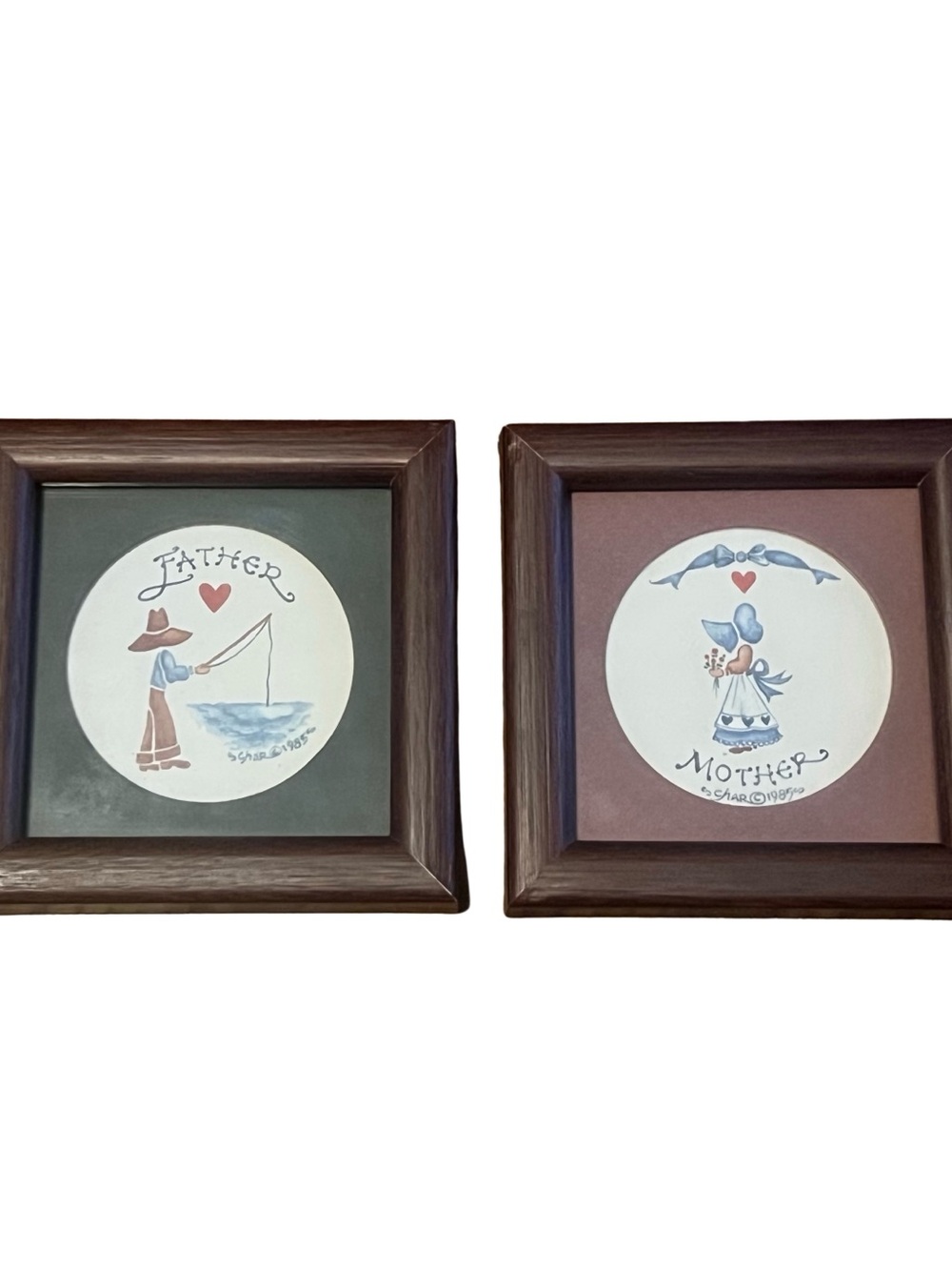 Vintage 1985 “Mother & Father” Folk Art Matted & Framed Print Set by Char
